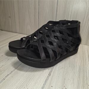 Eileen Fish Airy Wedge Black Leather Gladiator Sandals Platform Womens Size 9